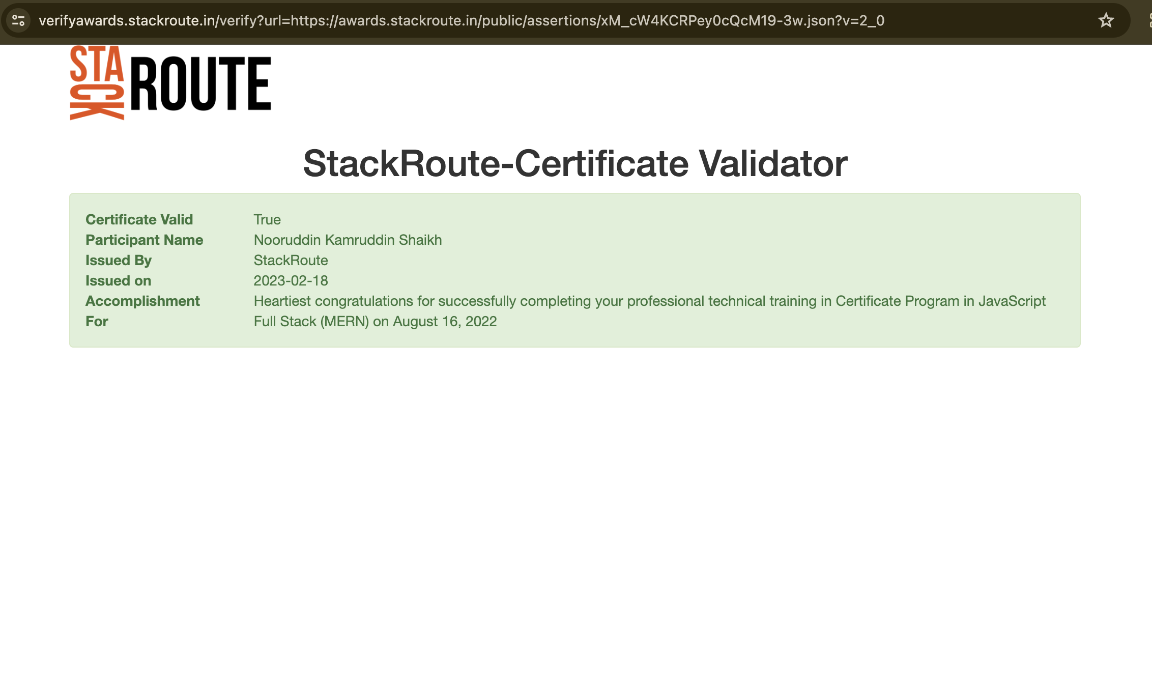Full Stack Certificate by Stack Route