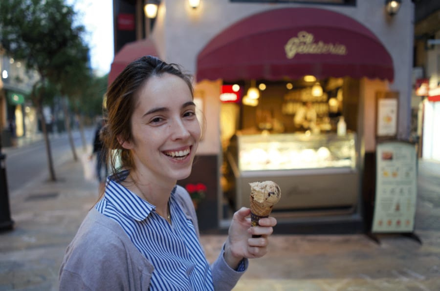 Jimena having an ice cream in mallorca gelateria
