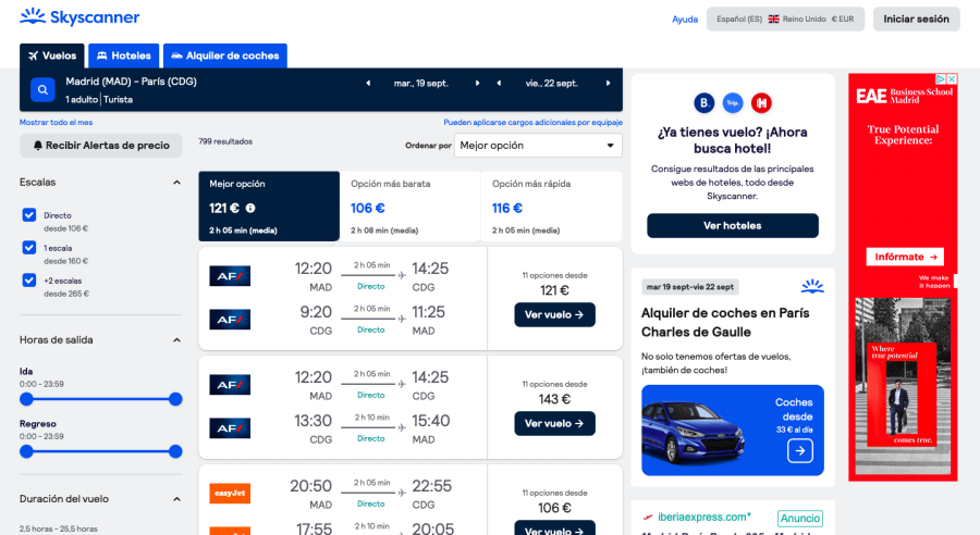 Madrid to Paris flight comparison