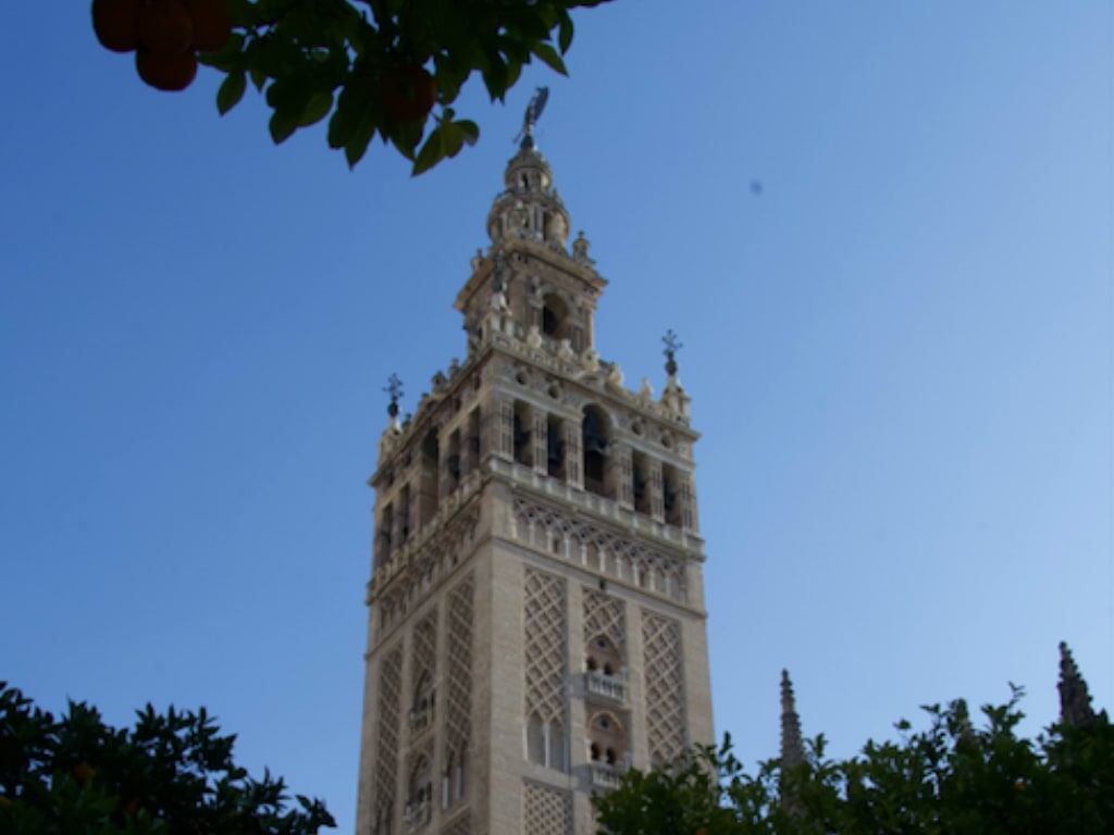 Picture of the Giralda from below.