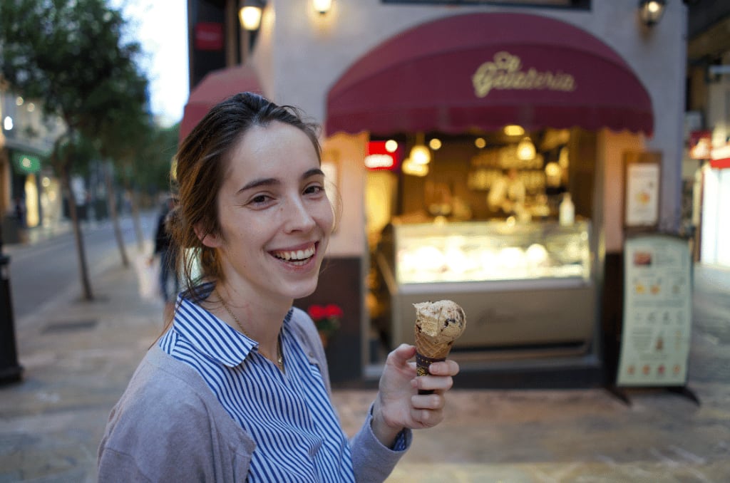 Jimena having an ice cream in mallorca gelateria