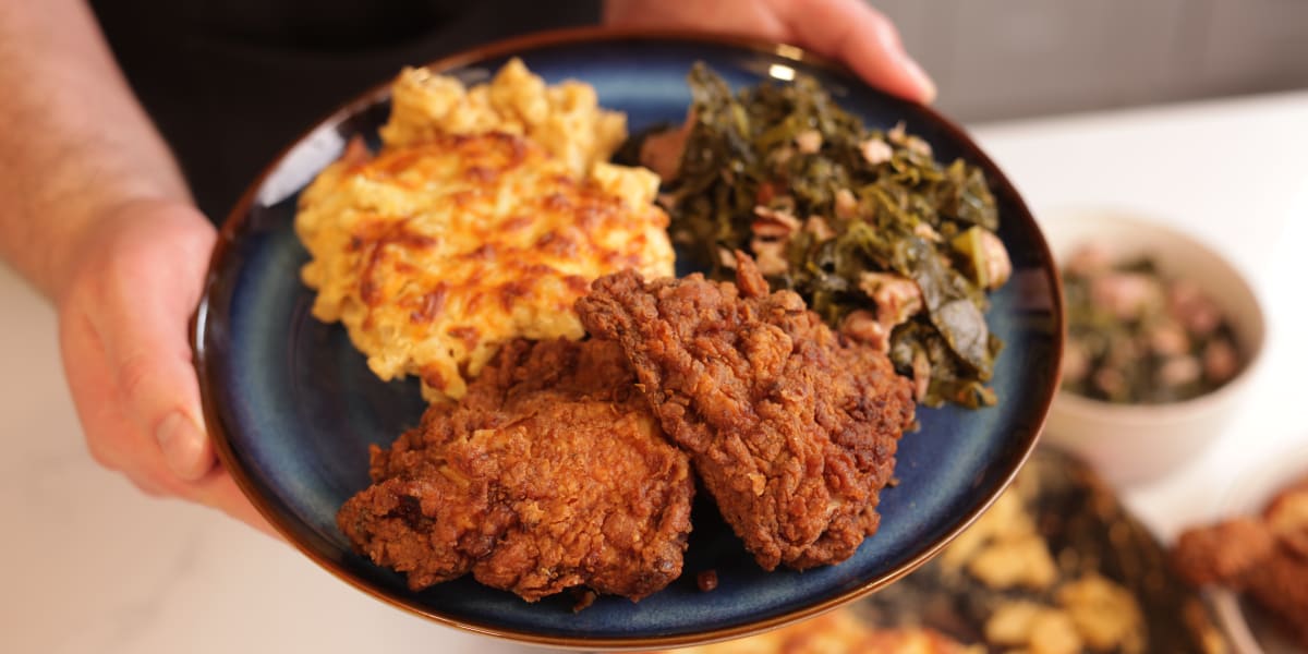MLK's Southern Fried Chicken with Mac and Cheese and Collard Greens