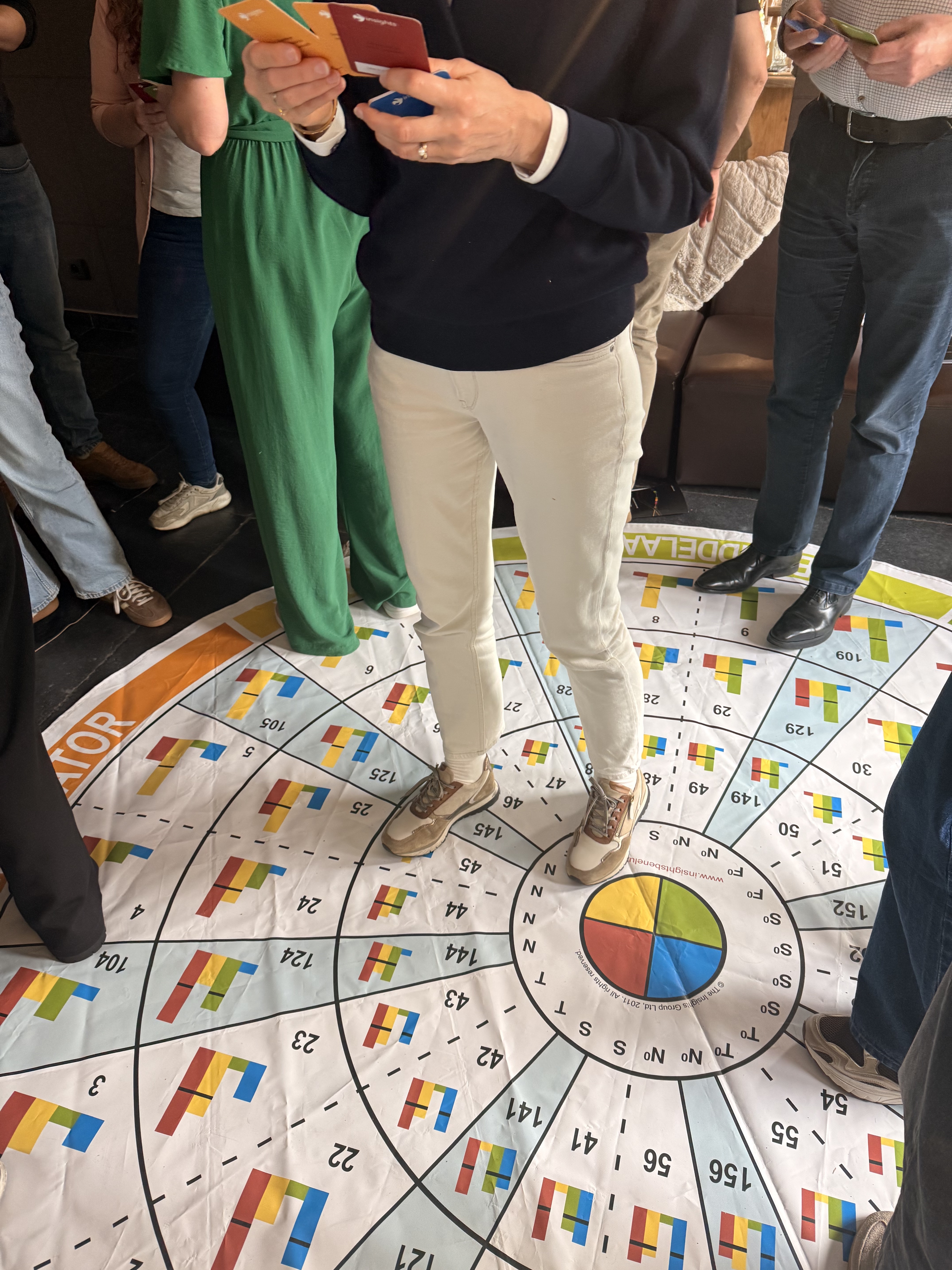 Deelnemers op de Insights Discovery vloermat tijdens een workshop