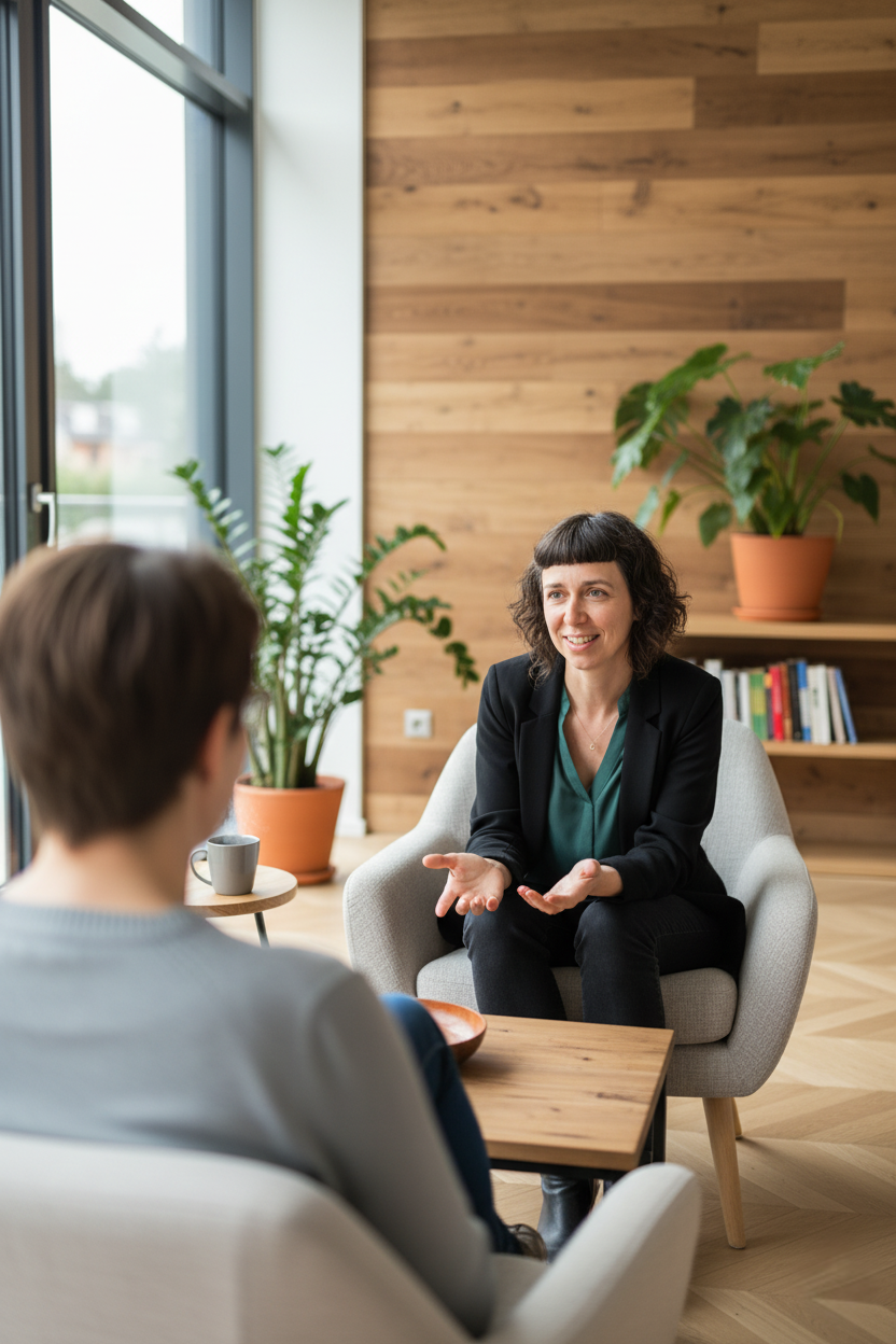 Leiderschapscoaching in actie — twee mensen in gesprek in een lichte, warme ruimte