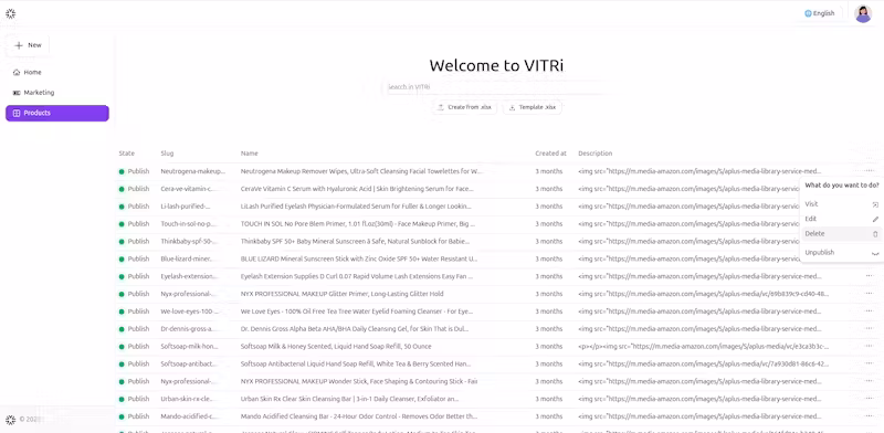Deleting a product in VITRi