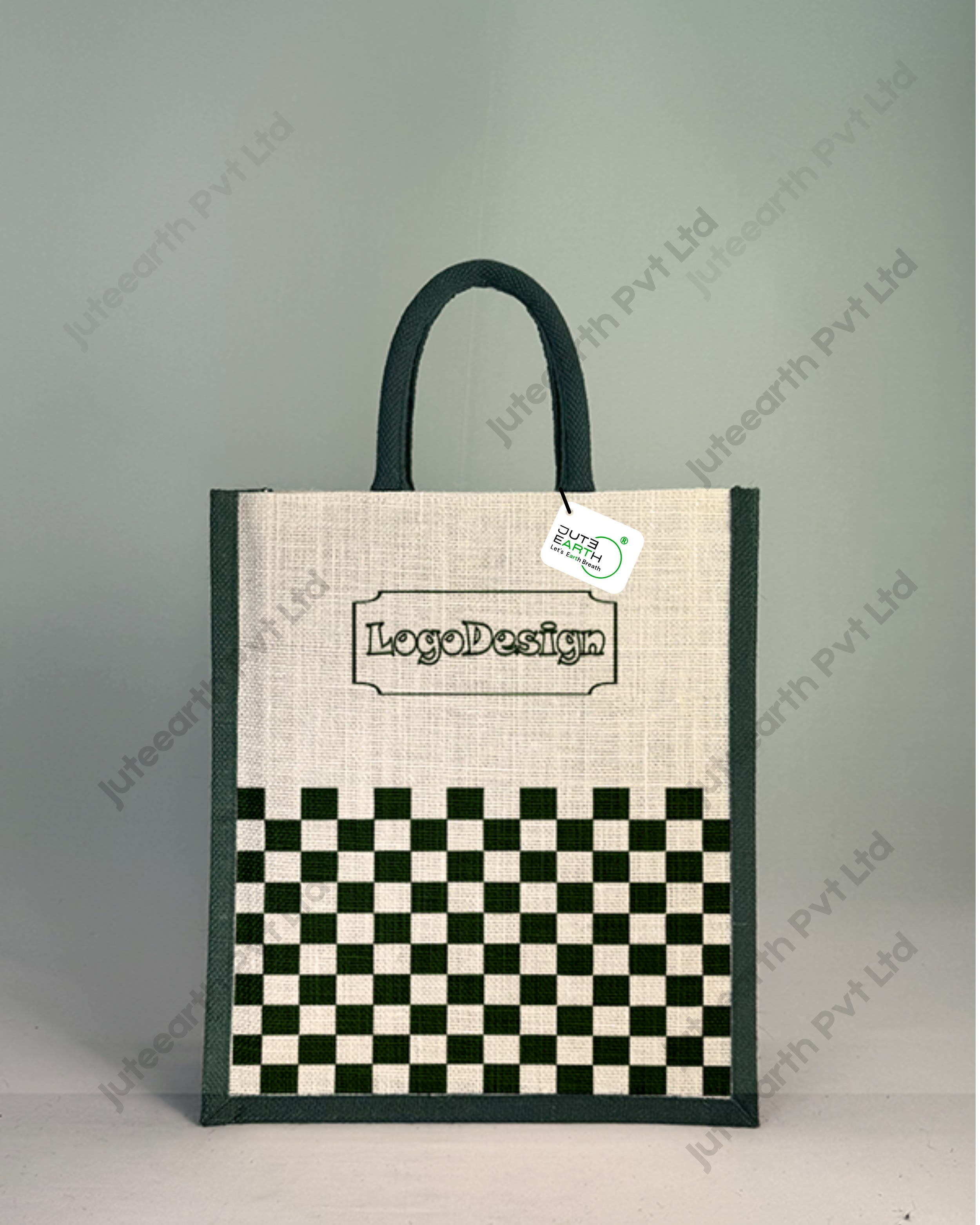 Half White Jute checkerboard weave printed Pattern Brand Or Promotional Bag with Bottle Green Print