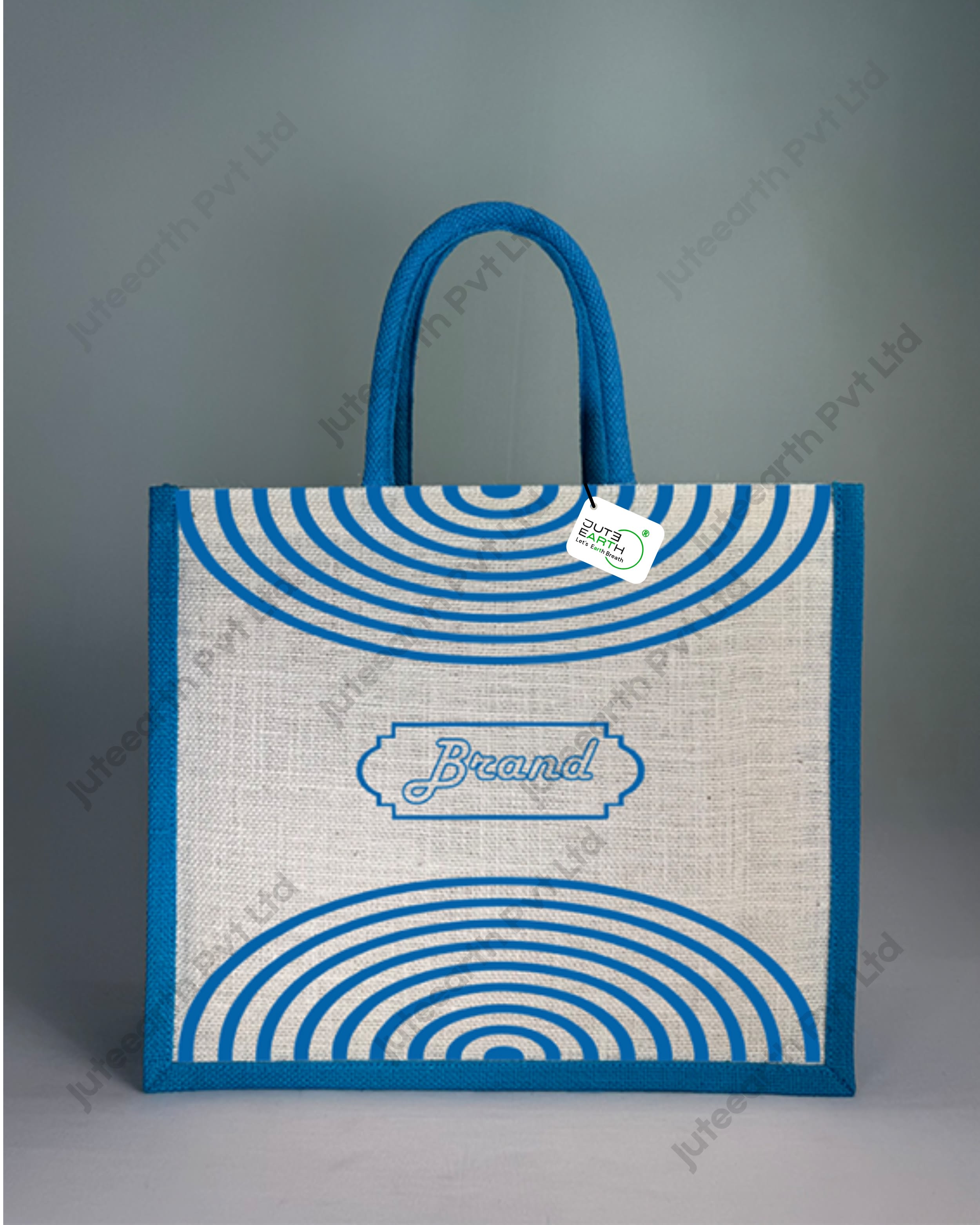 Half White Ivory Semi Concentric Customised Printed Jute Bag for Branding or Promotions” Cobalt Steel