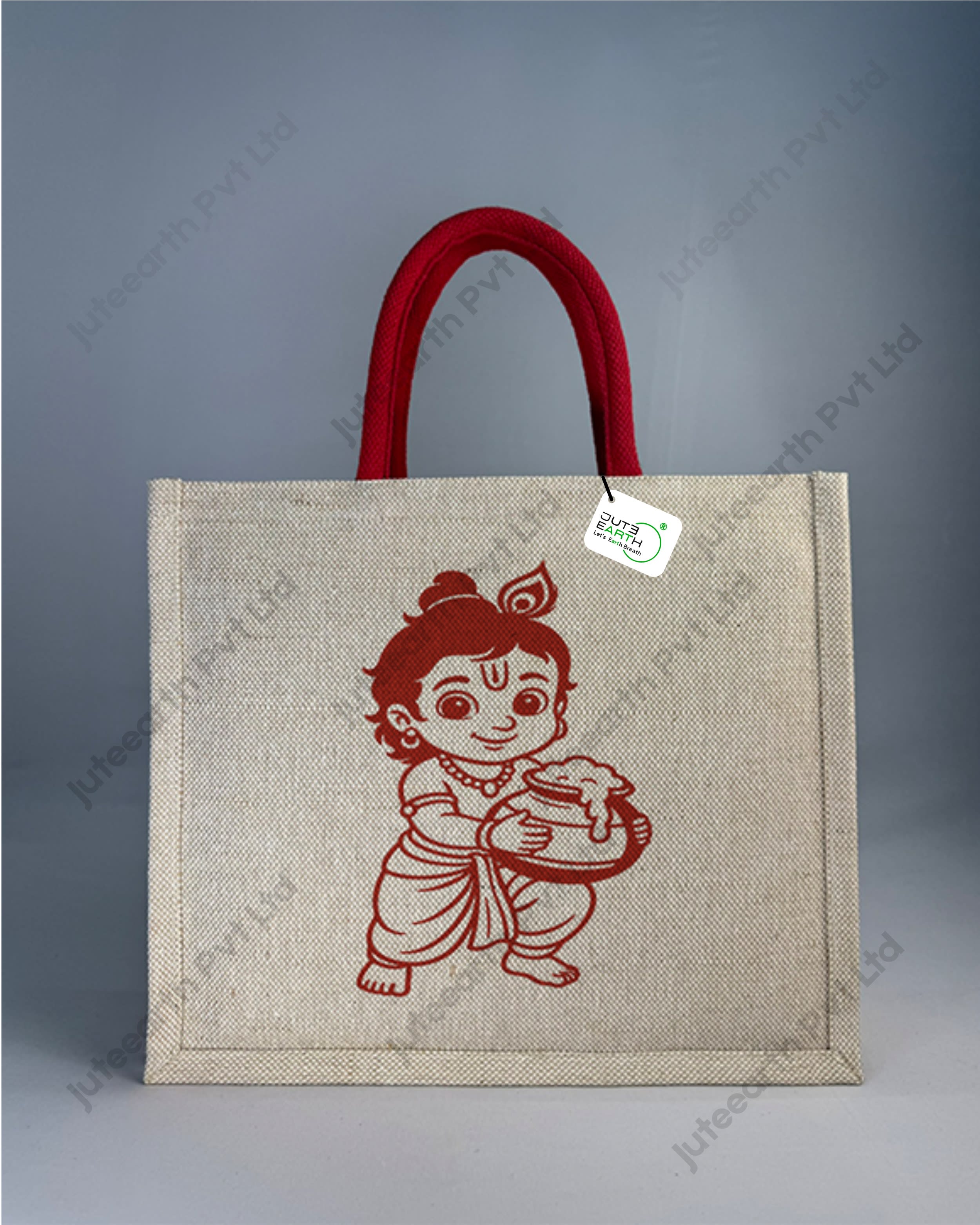 little Krishna Art Birthday Jute cotton Heavy weave Custom Printed Juco Bag for Return Gift with Red Print