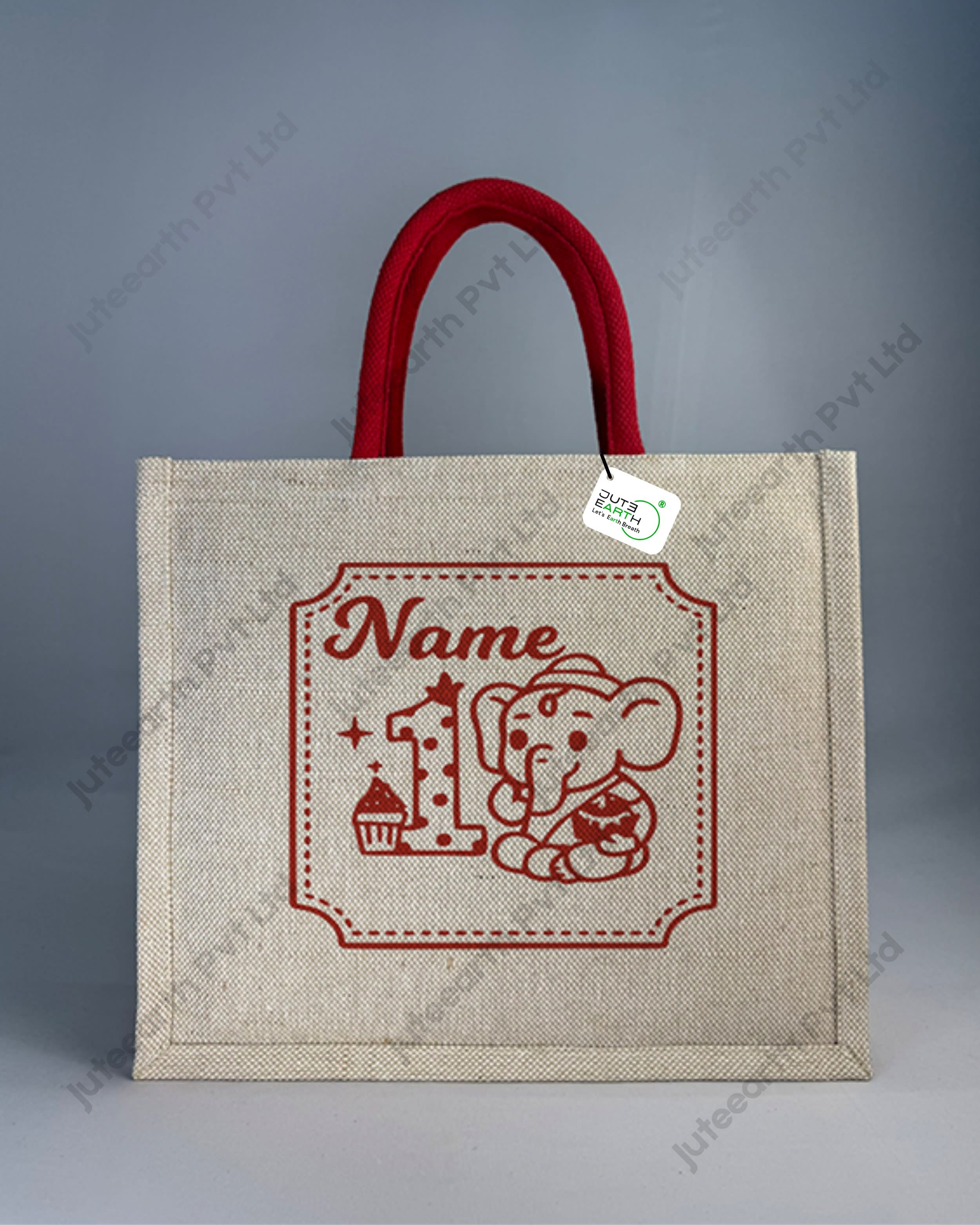 Lord Ganesha Art Birthday Jute cotton Heavy weave Custom Printed Juco Bag for Return Gift with Red Print