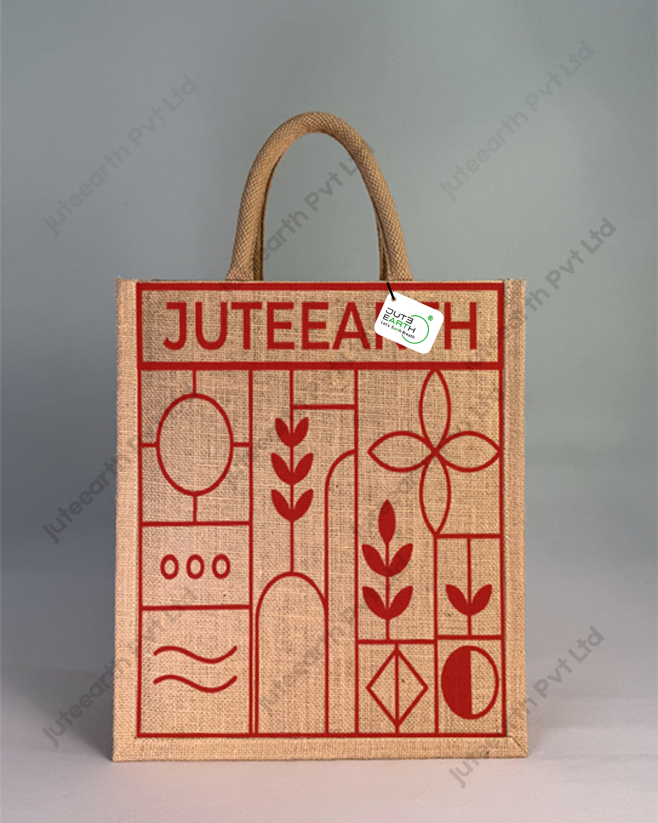 Narrow Natural Jute Bag – Geometric Botanical Pattern Printed with Cotton Rope Niwar Handle