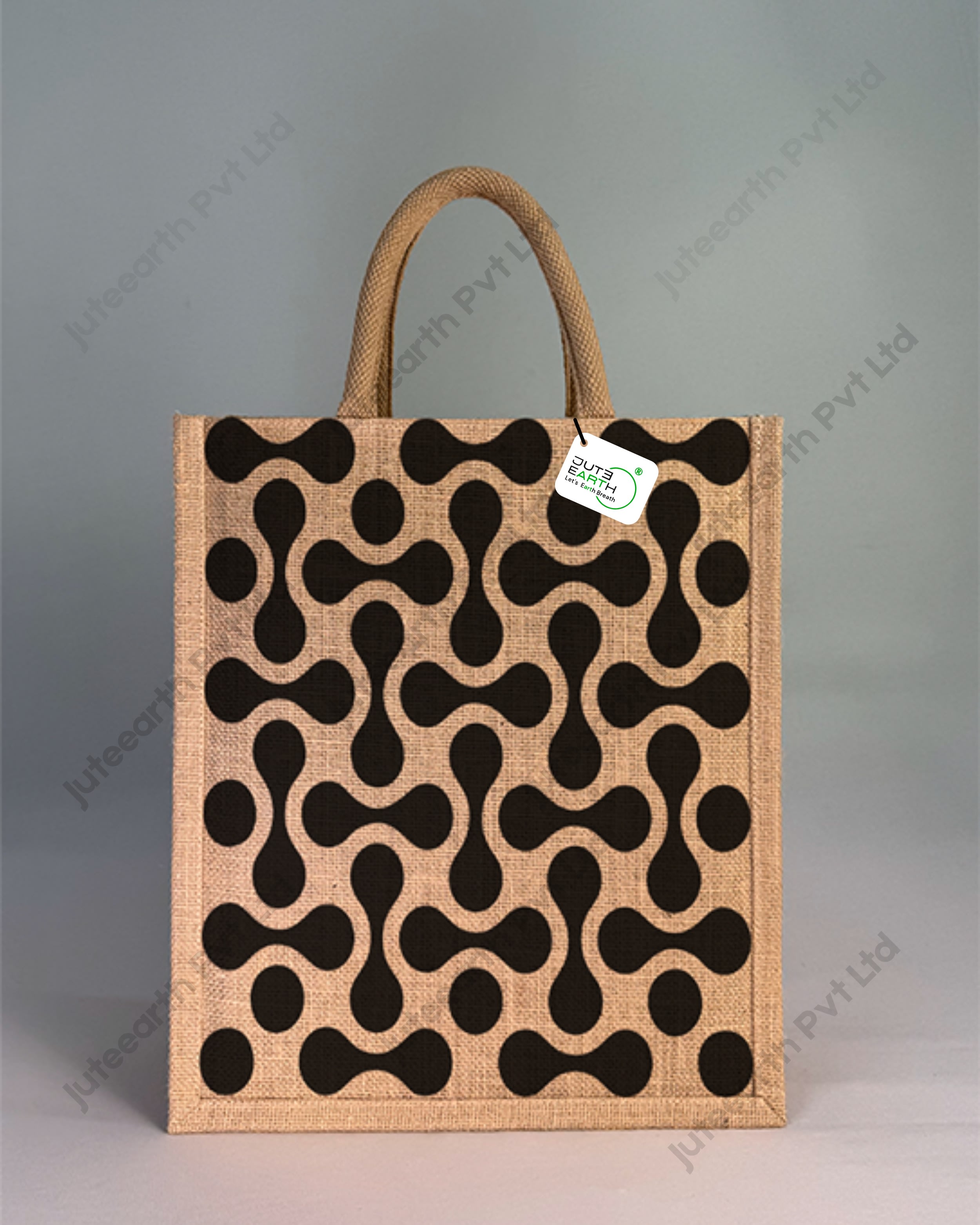 Narrow Natural Jute Bag – Atomic-age Pattern Printed with Cotton Rope Niwar Handle