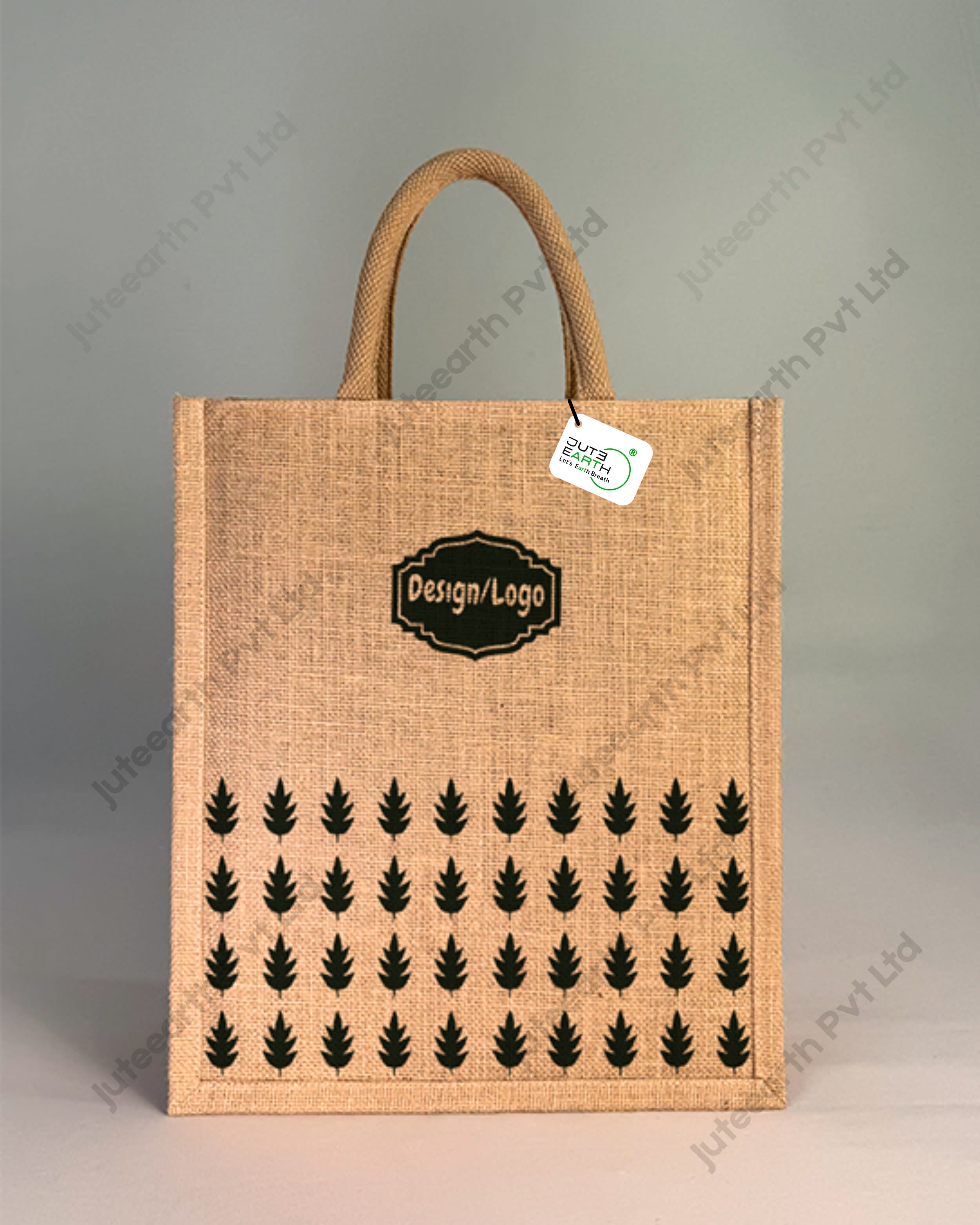 Natural Jute Oak Leaf pattern printed Pattern Brand Or Promotional Bag with Military Green print