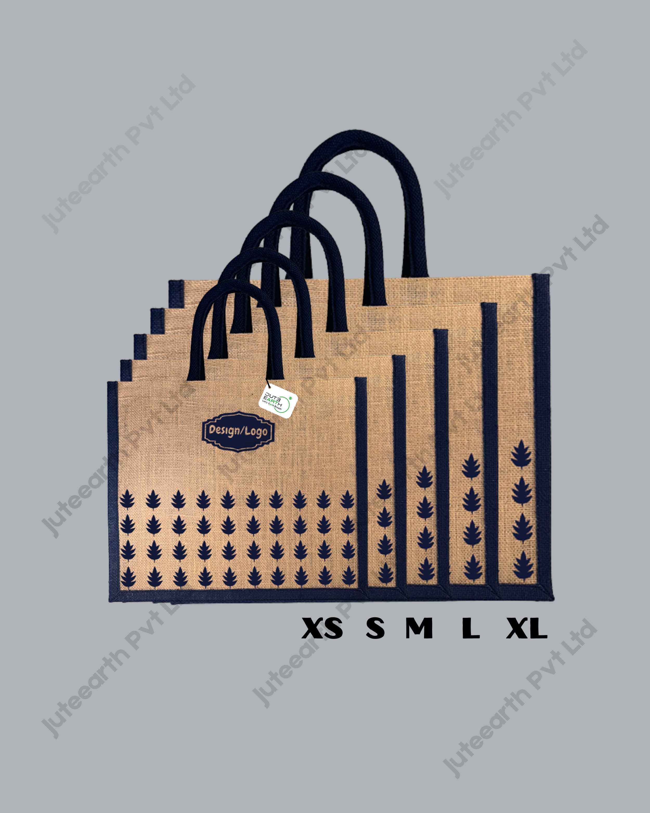 Natural Jute Beige Oak Leaf Customised Printed Jute Bag for Branding or Promotions” with Crown Blue Handle (2)