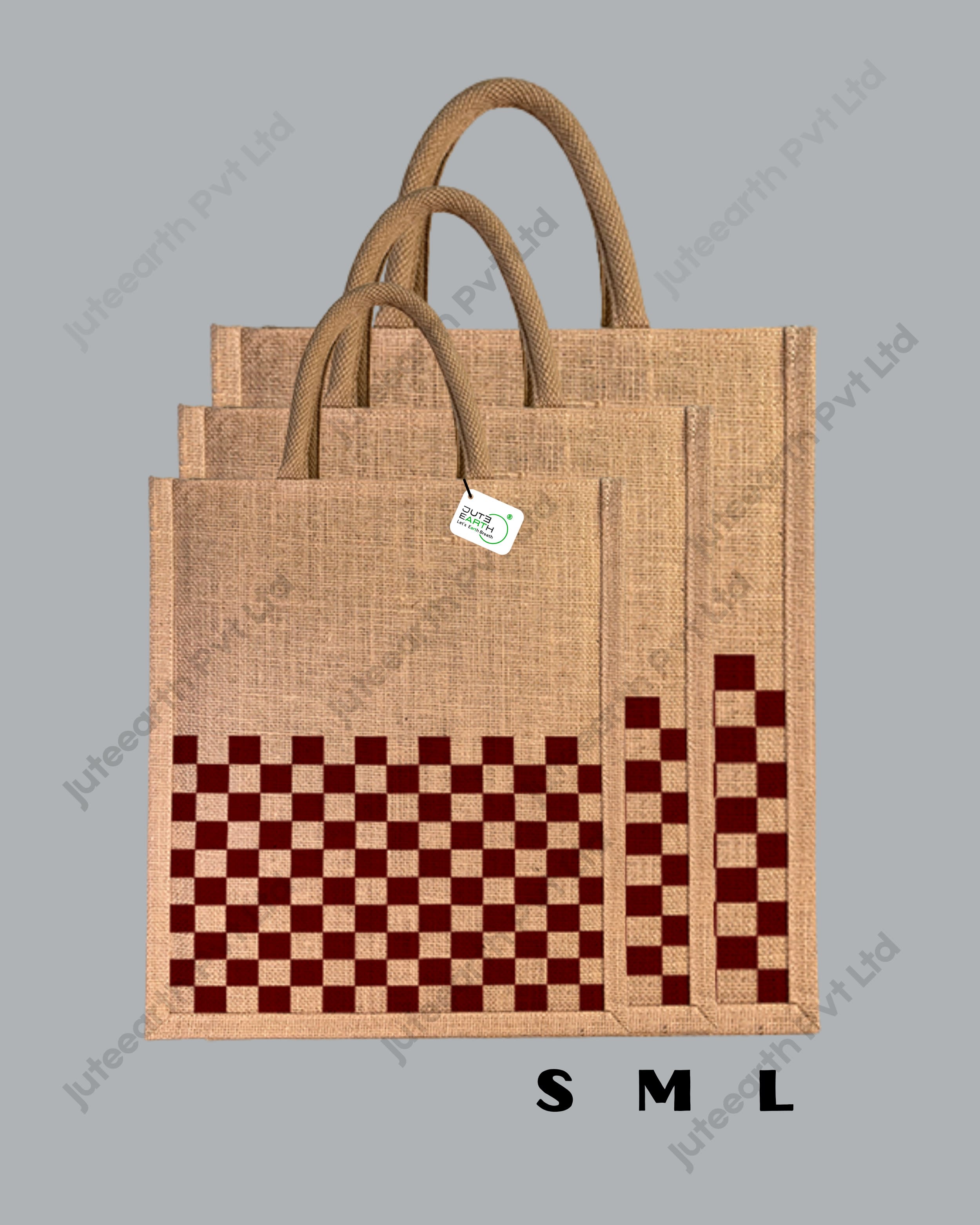 Narrow Natural Jute Bag – Checkboard Weave Printed with Cotton Rope Niwar Handle (2)