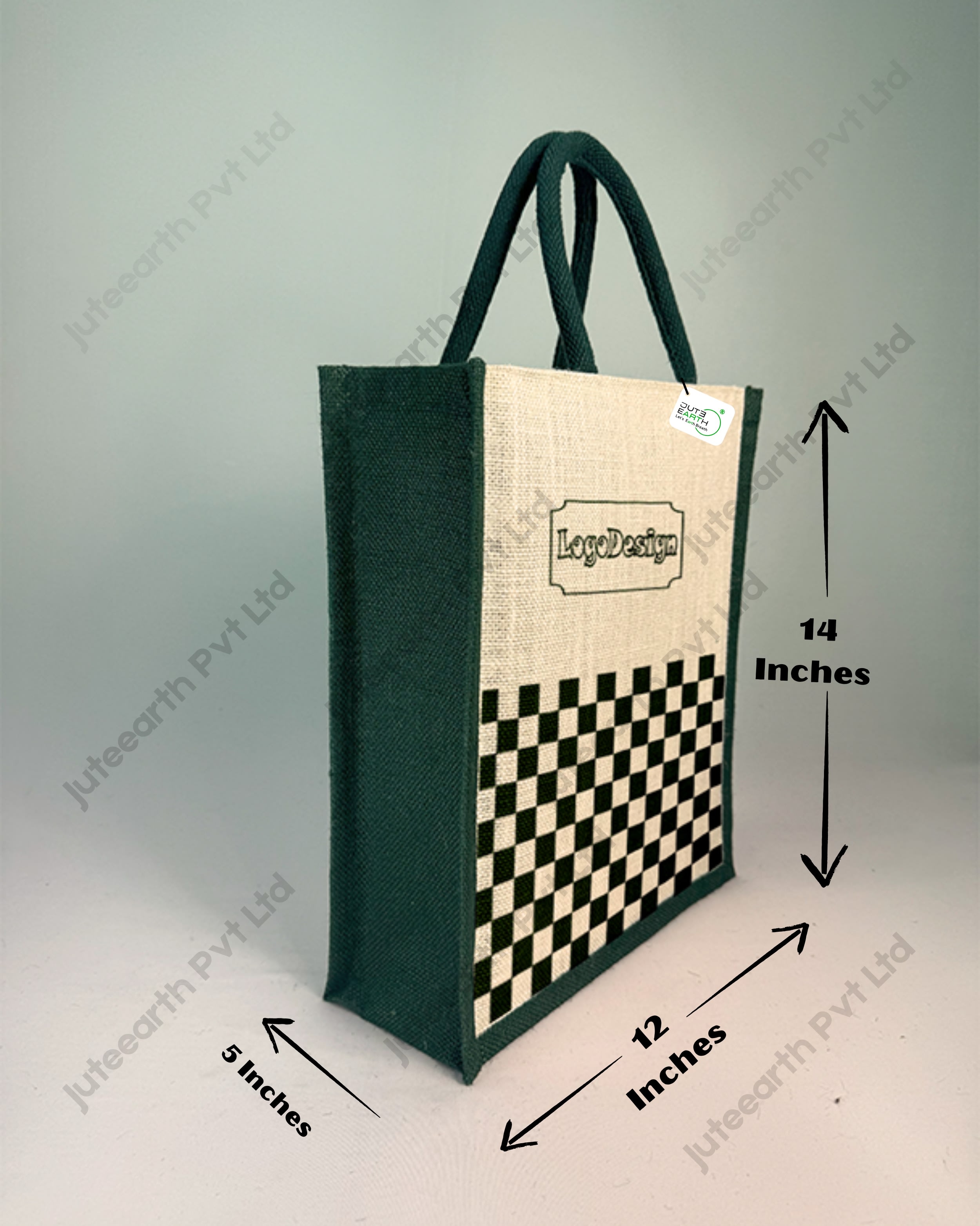 Half White Jute checkerboard weave printed Pattern Brand Or Promotional Bag with Bottle Green Print (3)