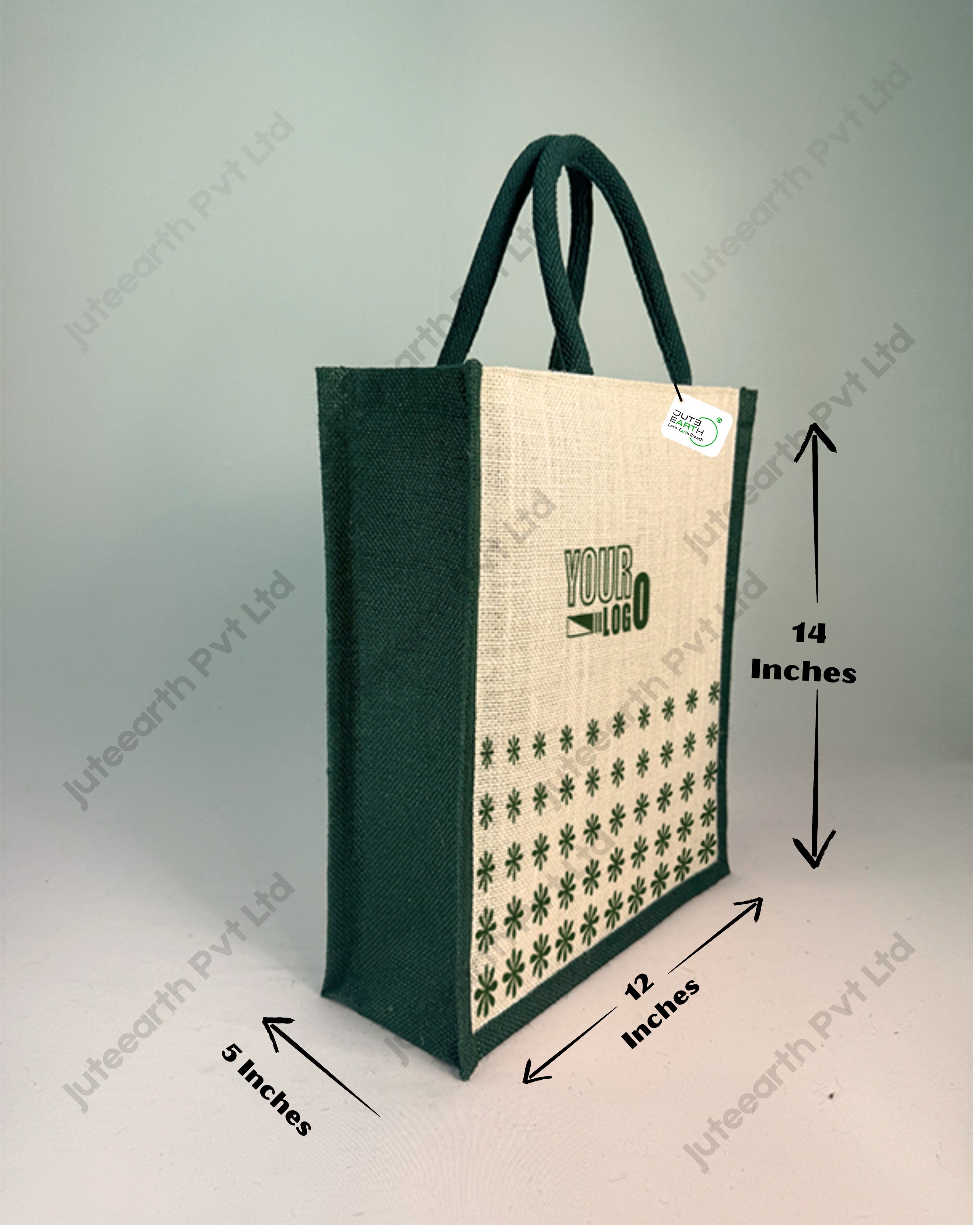 Half White JuteDaisy Petals printed Pattern Brand Or Promotional Bag with Bottle Green Print (3)
