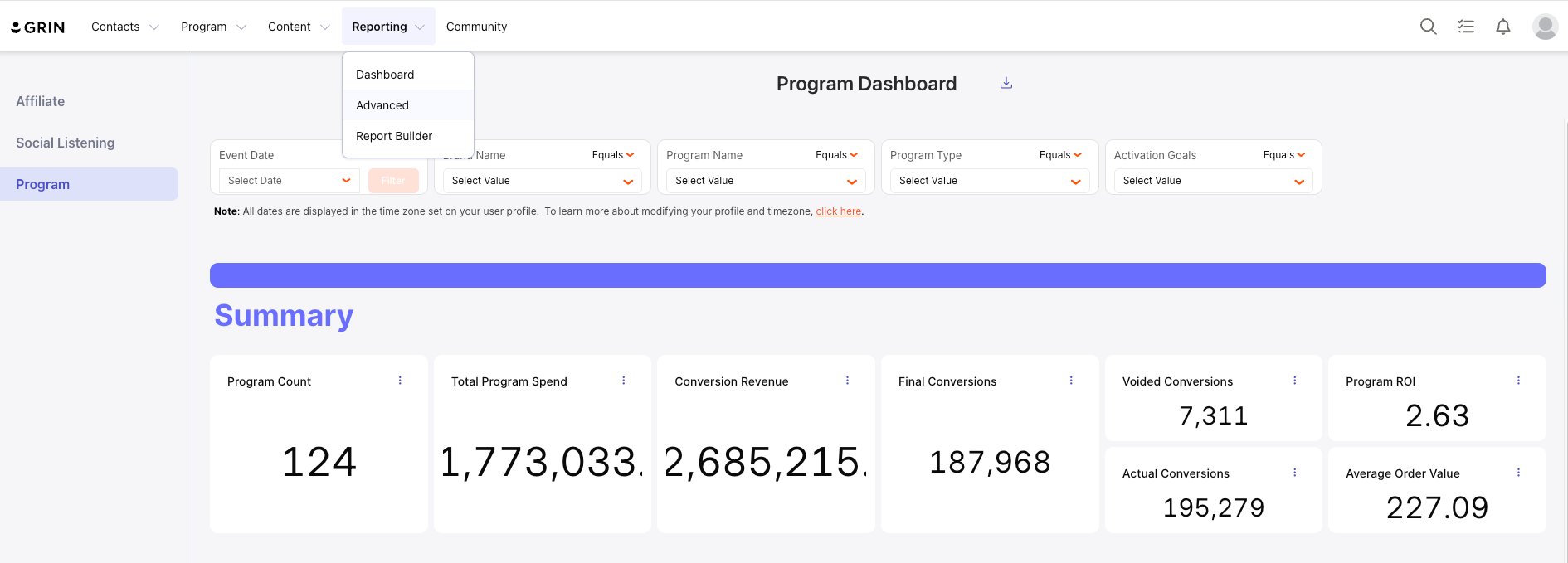 Program Dashboard overview showing the Summary section with key metrics