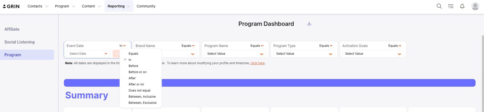 Event Date filter showing operator options: Equals, In, Before, Before or on, After, After or on, Does not equal, Between Inclusive, Between Exclusive