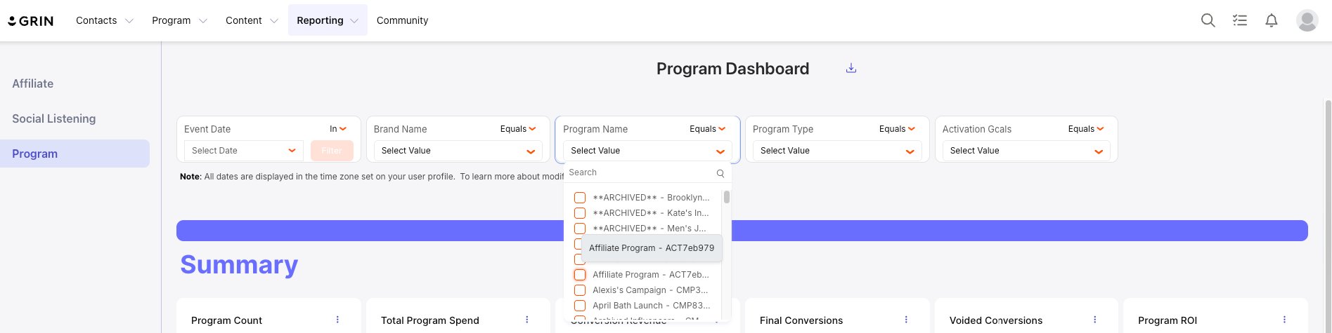 Program Name filter dropdown showing a list of programs with ACT and CMP prefixes