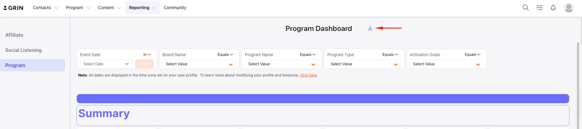 Program Dashboard header with a red arrow pointing to the download icon next to the page title