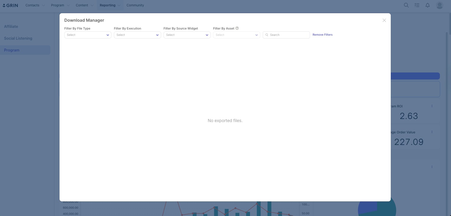 Download Manager modal showing filter options for file type, execution, source widget, and asset