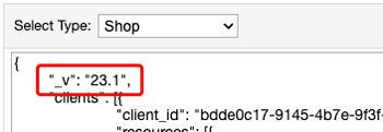 An image of the Open Commerce API Settings editor set to Shop and the first line, 