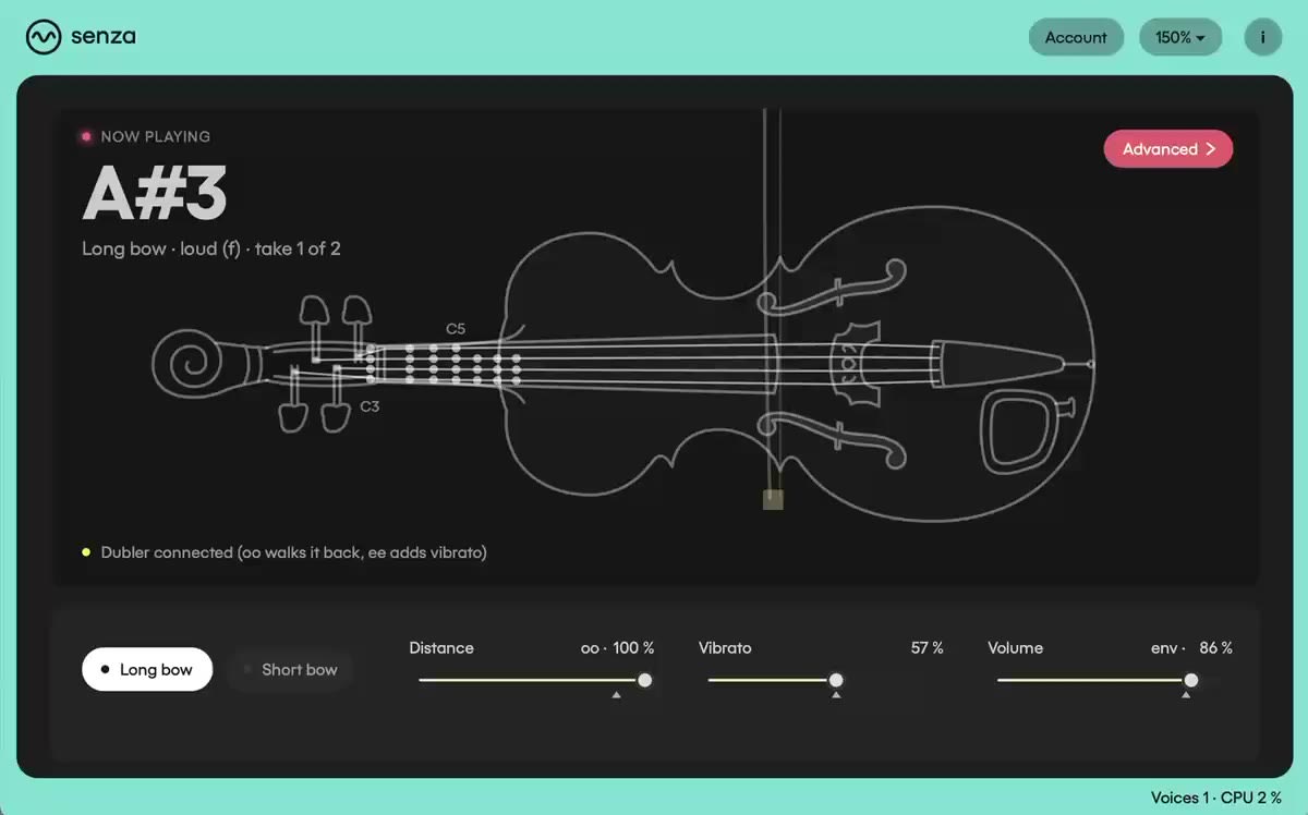 The Senza app playing the note A#3 on a line-drawn viola, with long-bow, distance, vibrato and volume controls.