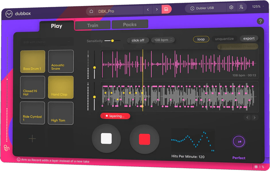 The DubBox app: eight trained sound triggers next to a recorded beat waveform, with loop, quantise and export controls.
