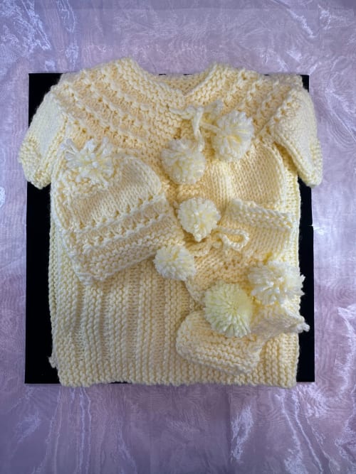 New Born Layette Blanket Sweater Hat Booties Hand Knit
