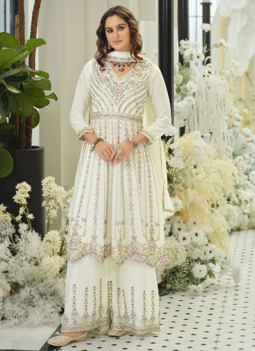 Premium White Chinon Embroidered Set in Bardia for sale