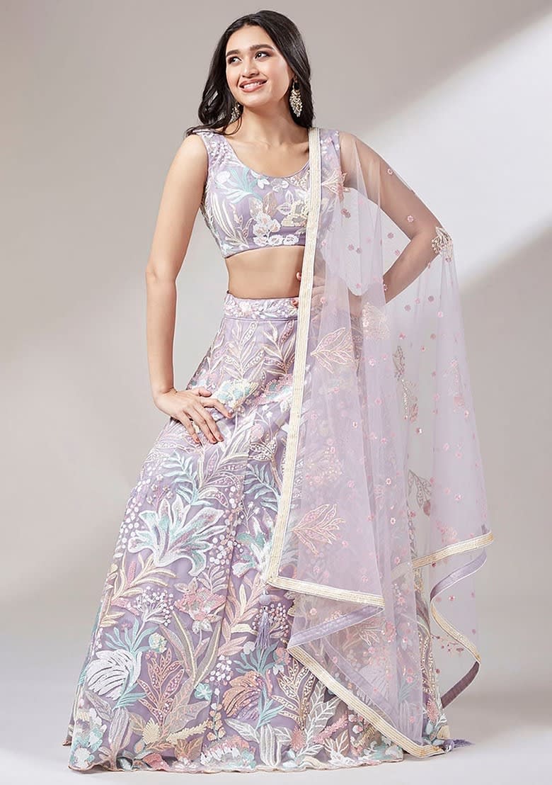Sequin Embroidered Net Lehenga Lavender photo 3