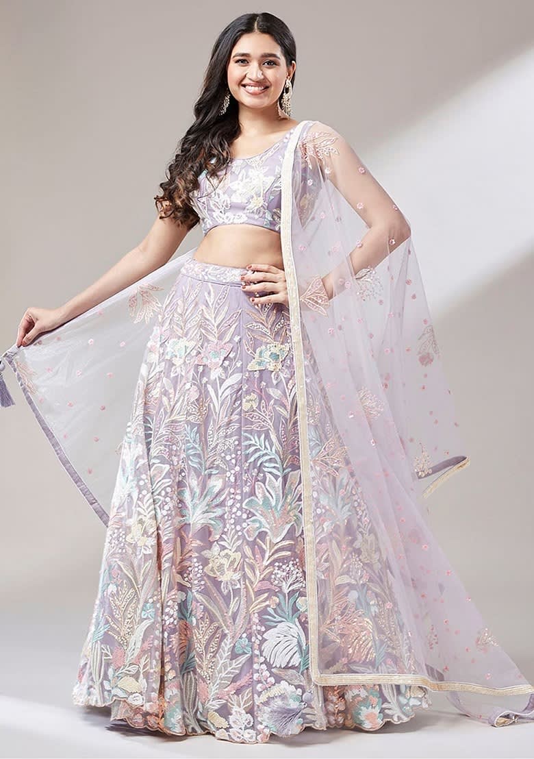 Sequin Embroidered Net Lehenga Lavender size M for sale in Bardia