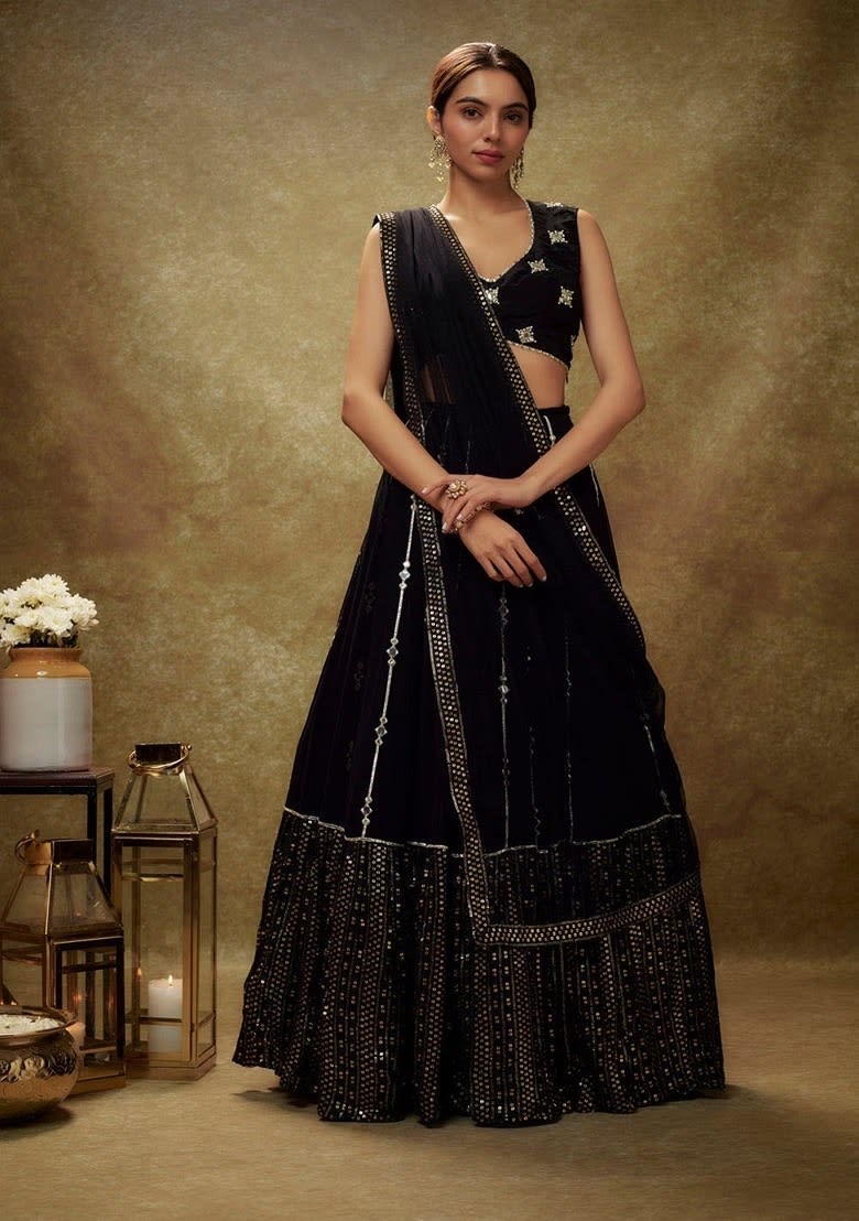 Black Zari Mirror Embroidered Georgette size L for sale in Bardia