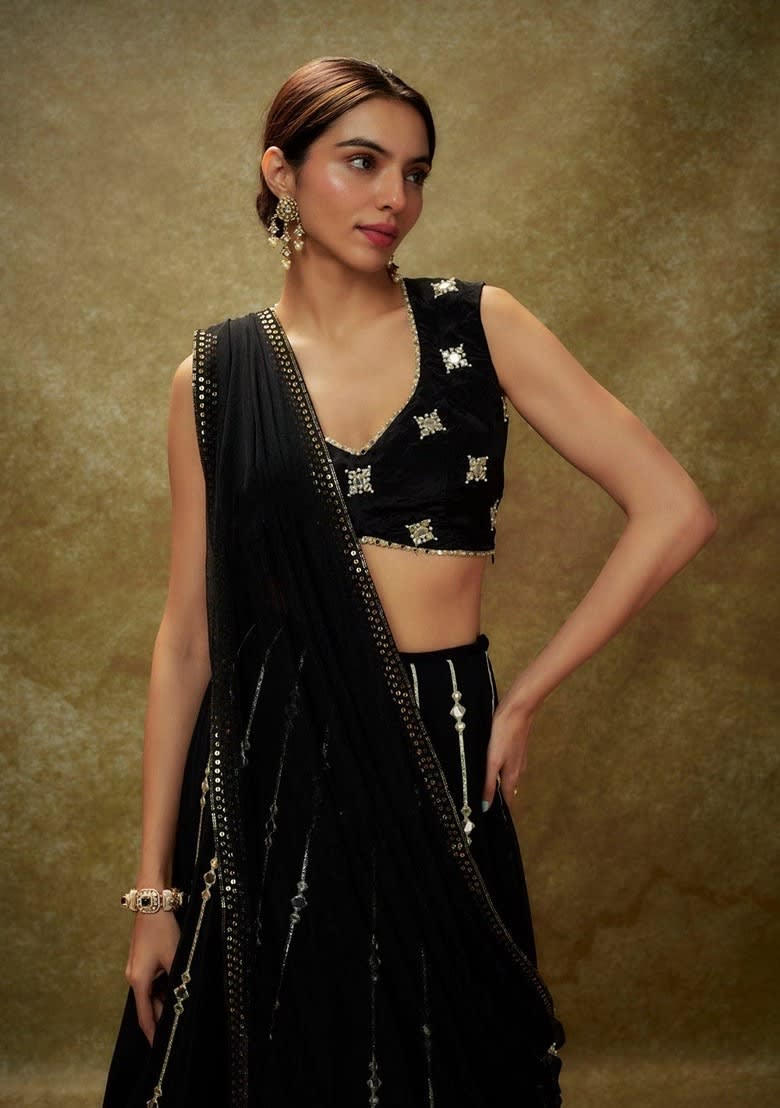 Black Zari Mirror Embroidered Georgette photo 3