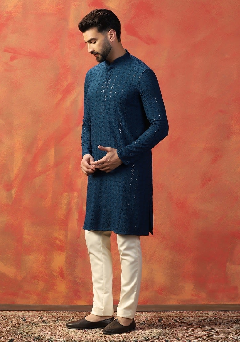 Navy Blue Embroidered Cotton Kurta Set photo 3