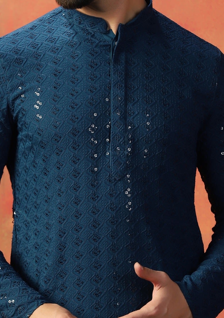 Navy Blue Embroidered Cotton Kurta Set photo 4