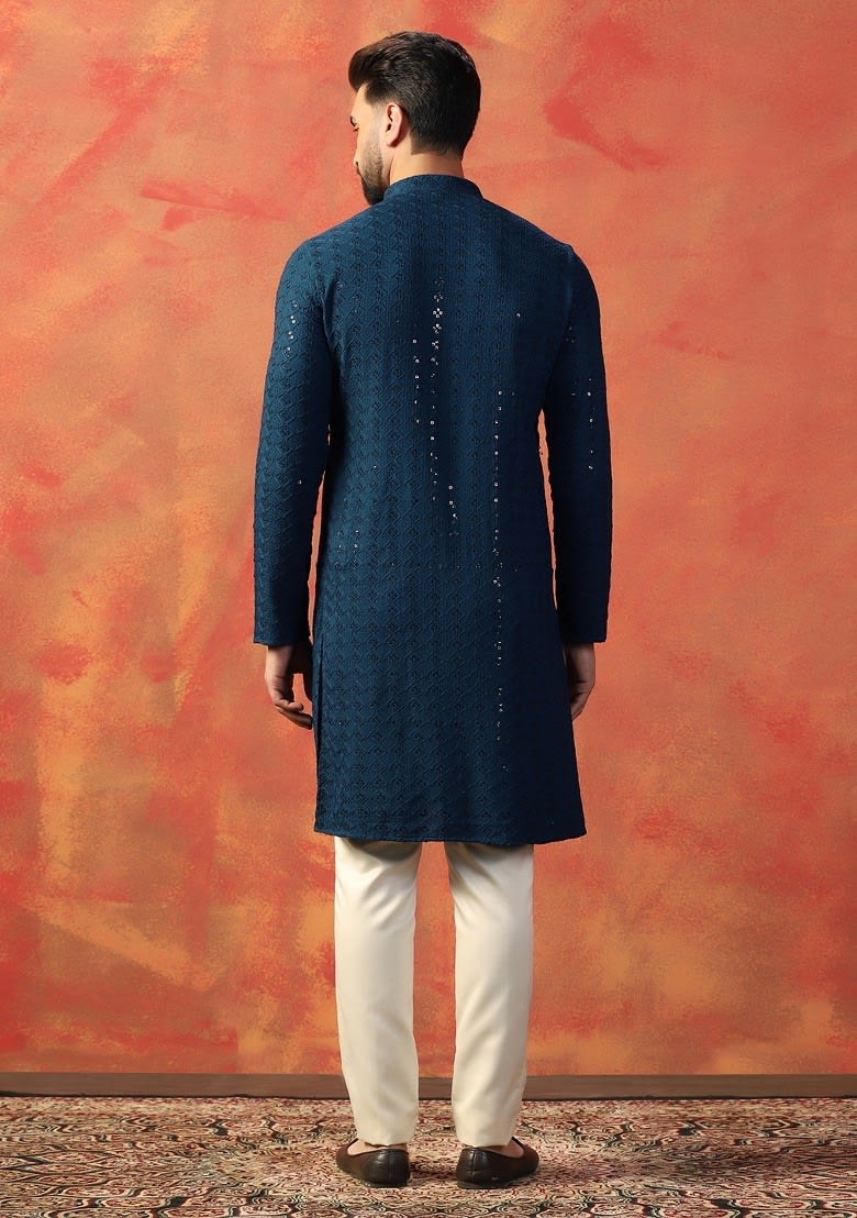 Navy Blue Embroidered Cotton Kurta Set photo 2