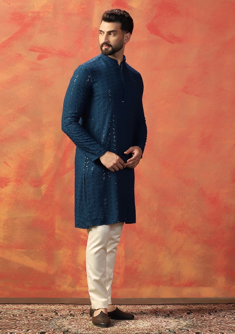 Navy Blue Embroidered Cotton Kurta Set for sale in Bardia