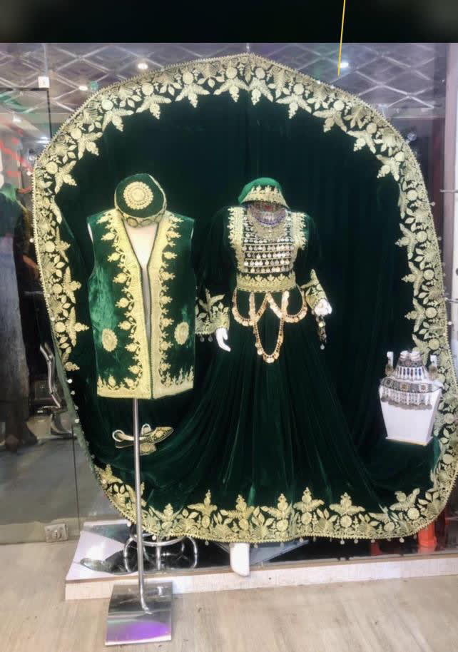 Green velvet bridal Afghani dress for rent in Box Hill
