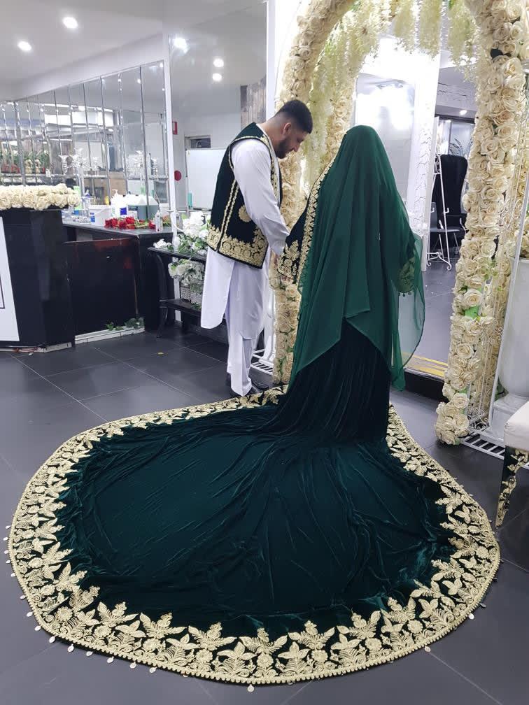 Green velvet bridal Afghani dress photo 4
