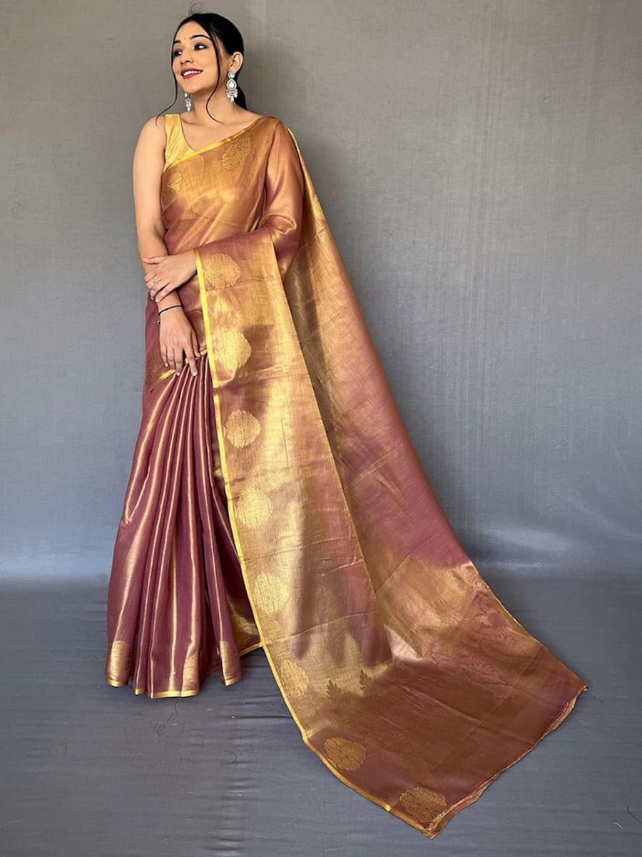 Brown Pure Zari Tissue Silk Saree size 3XL for sale in Bardia