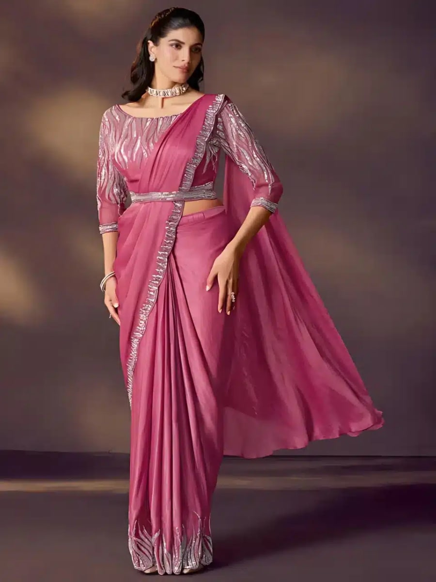 Designer Dark Pink Crushed Satin Silk Saree size L for sale in Bardia
