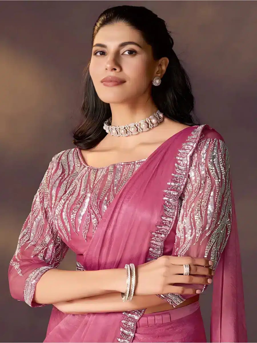 Designer Dark Pink Crushed Satin Silk Saree photo 2