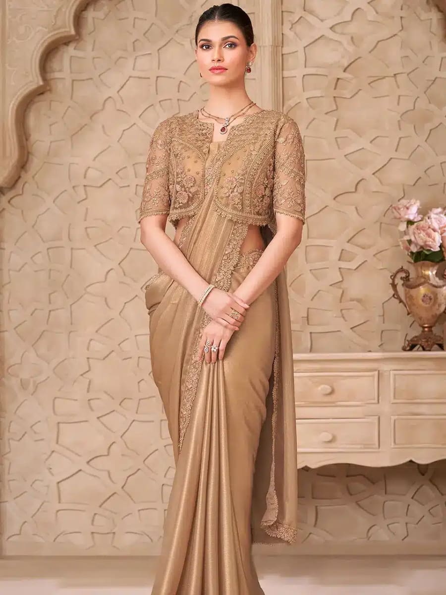 Elegant Golden Satin Georgette Saree for sale in Bardia