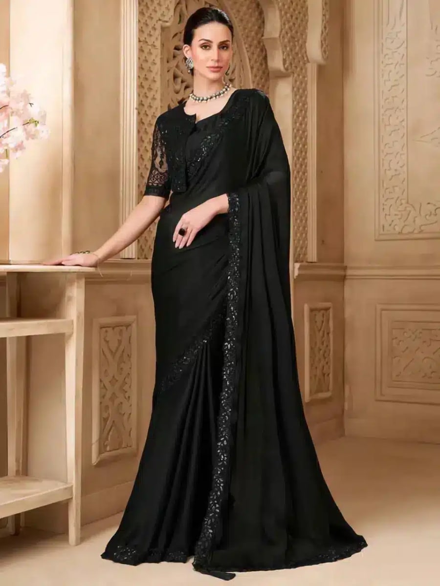 Elegant Satin Silk Saree Black for sale in Bardia