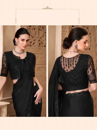 Elegant Satin Silk Saree Black photo 2