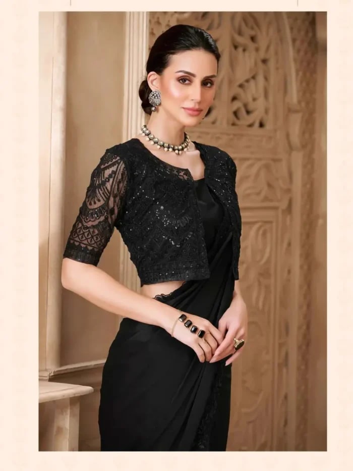 Elegant Satin Silk Saree Black photo 3