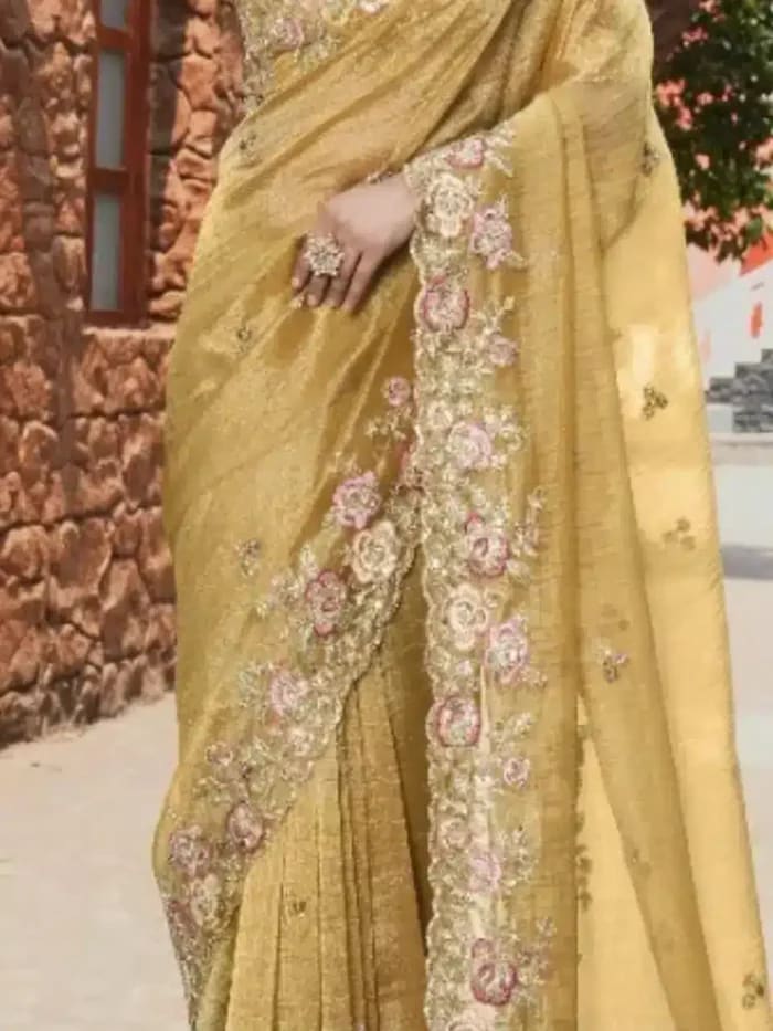 Elegant Yellow Zari Organza Tissue Saree photo 2