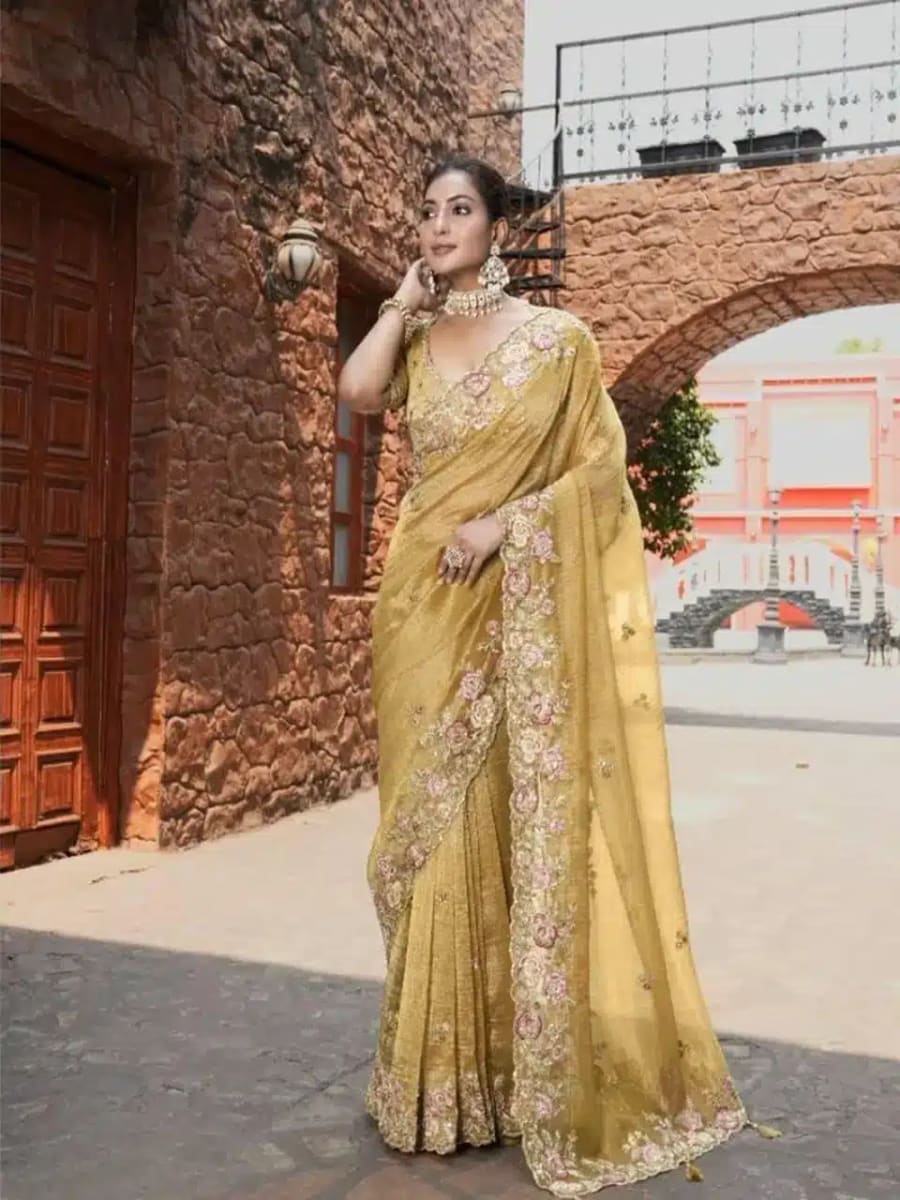 Elegant Yellow Zari Organza Tissue Saree size L for sale in Bardia