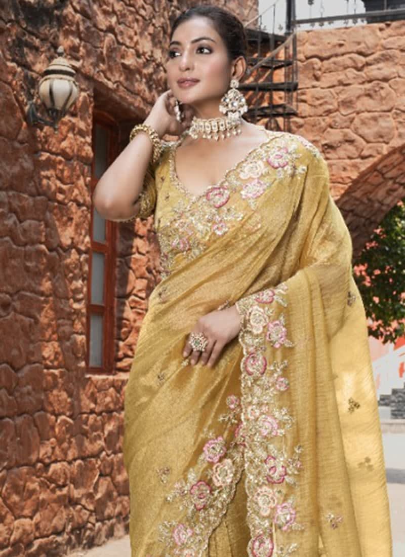 Elegant Yellow Zari Organza Tissue Saree photo 2